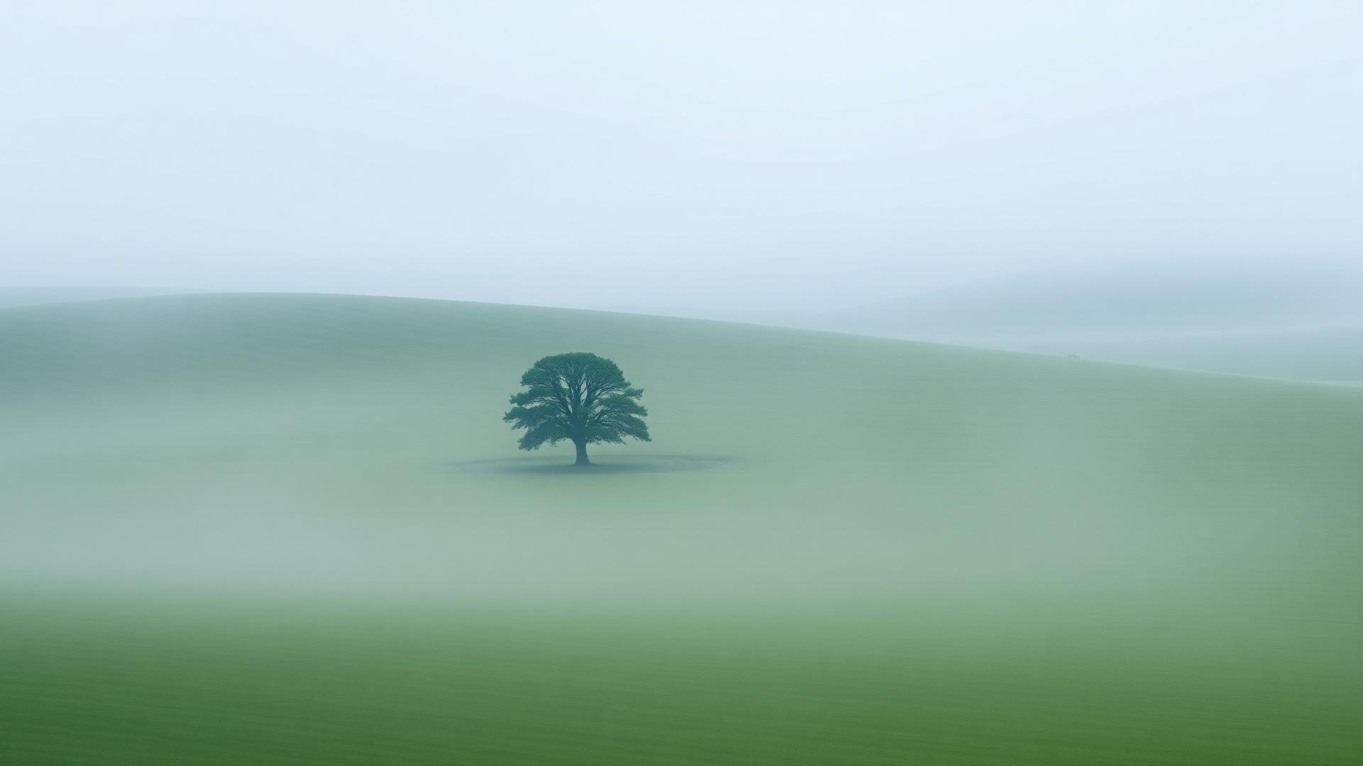 Open green land in soft morning mist
