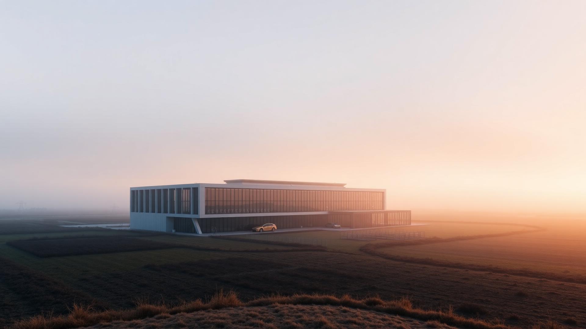 Completed modern building on the same land at sunrise